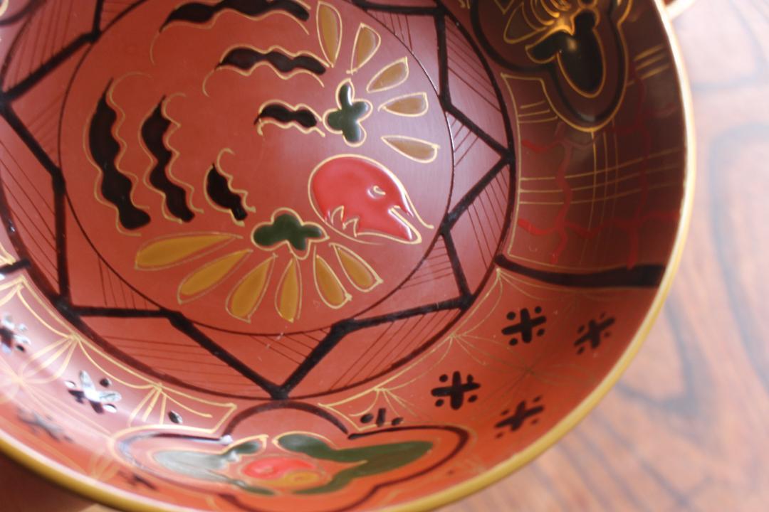 デッドストック！時代栗色に風情ある花鳥蒔絵の映える大ぶり皿2点（検輪島塗銘々皿