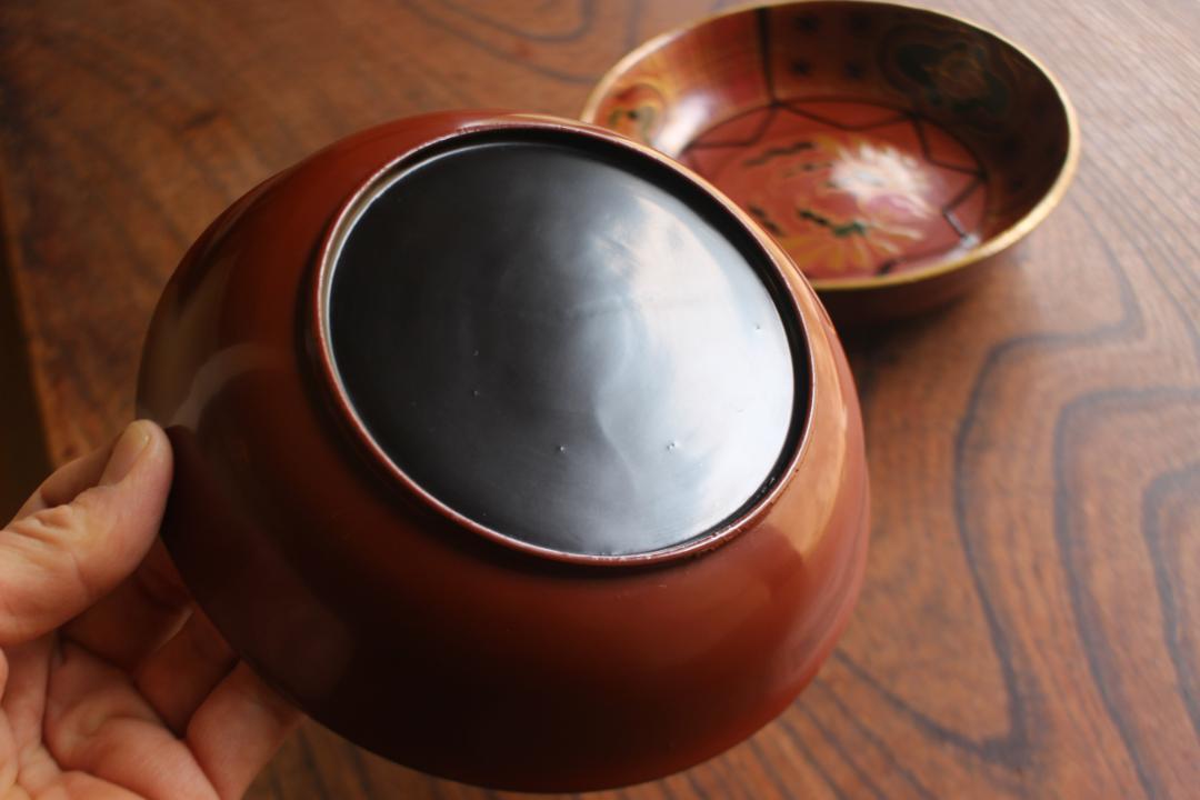 デッドストック！時代栗色に風情ある花鳥蒔絵の映える大ぶり皿2点（検輪島塗銘々皿