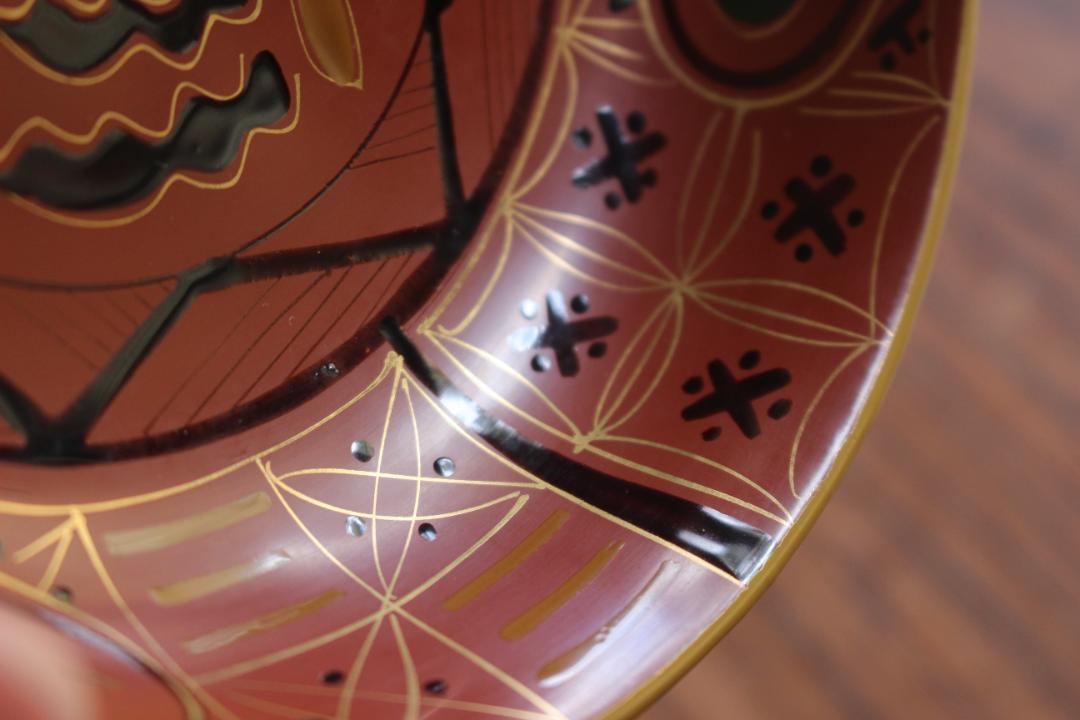 デッドストック！時代栗色に風情ある花鳥蒔絵の映える大ぶり皿2点（検輪島塗銘々皿