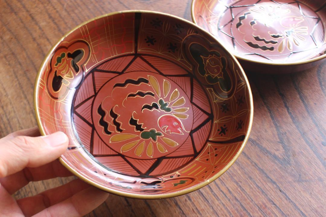 デッドストック！時代栗色に風情ある花鳥蒔絵の映える大ぶり皿2点（検輪島塗銘々皿
