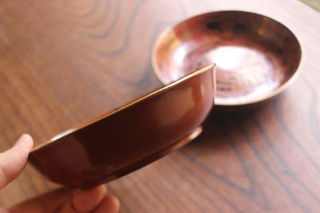 デッドストック！時代栗色に風情ある花鳥蒔絵の映える大ぶり皿2点（検輪島塗銘々皿