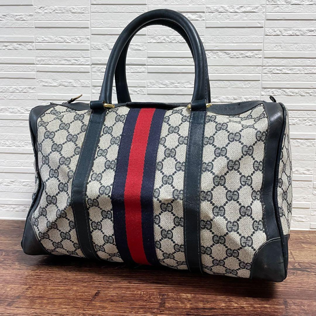 グッチ シェリー GG PVC×レザー ハンド ボストン バッグ ネイビーGUCCI