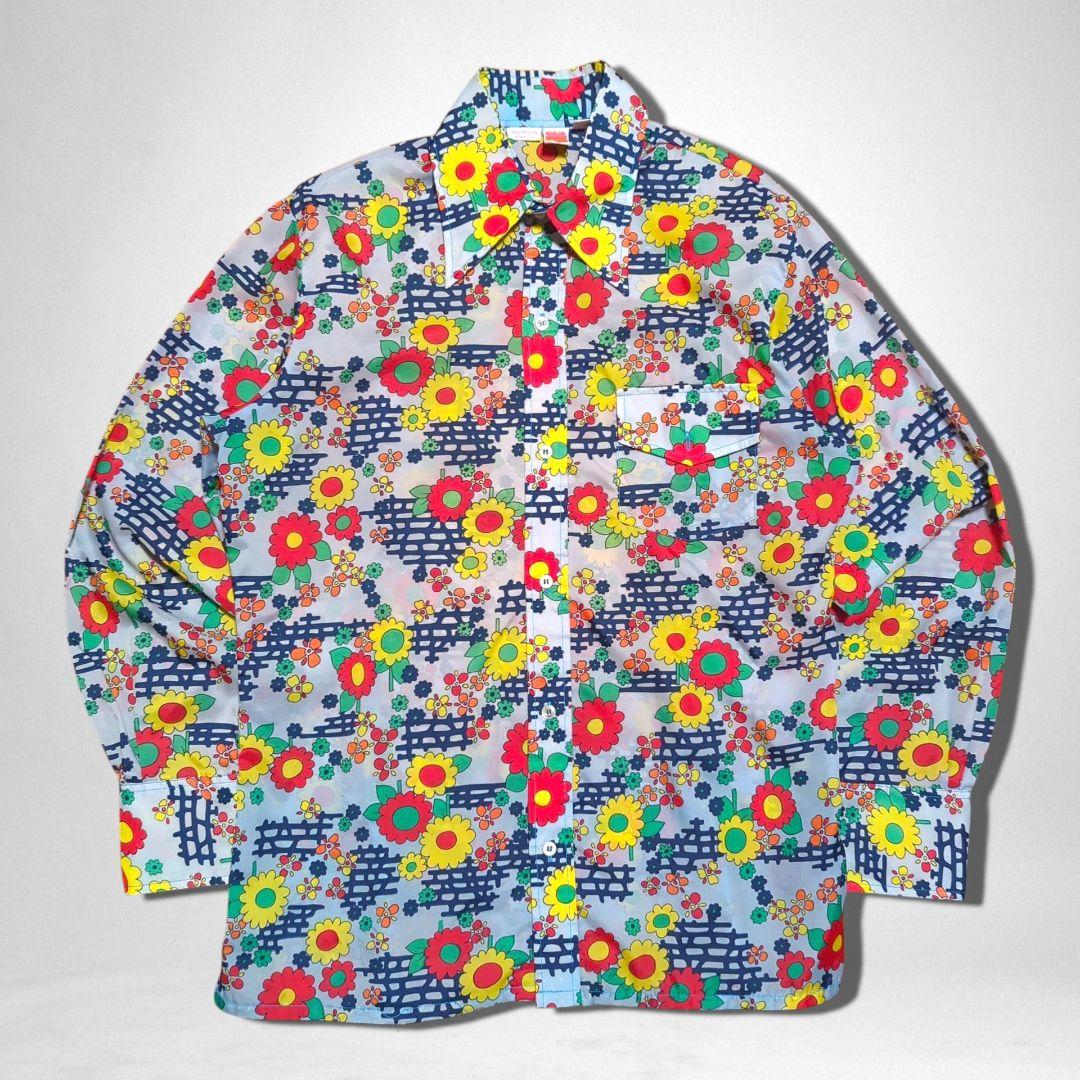 SKYR 70s 花柄 総柄 ナイロン ヒッピー ディスコ シャツ 長袖