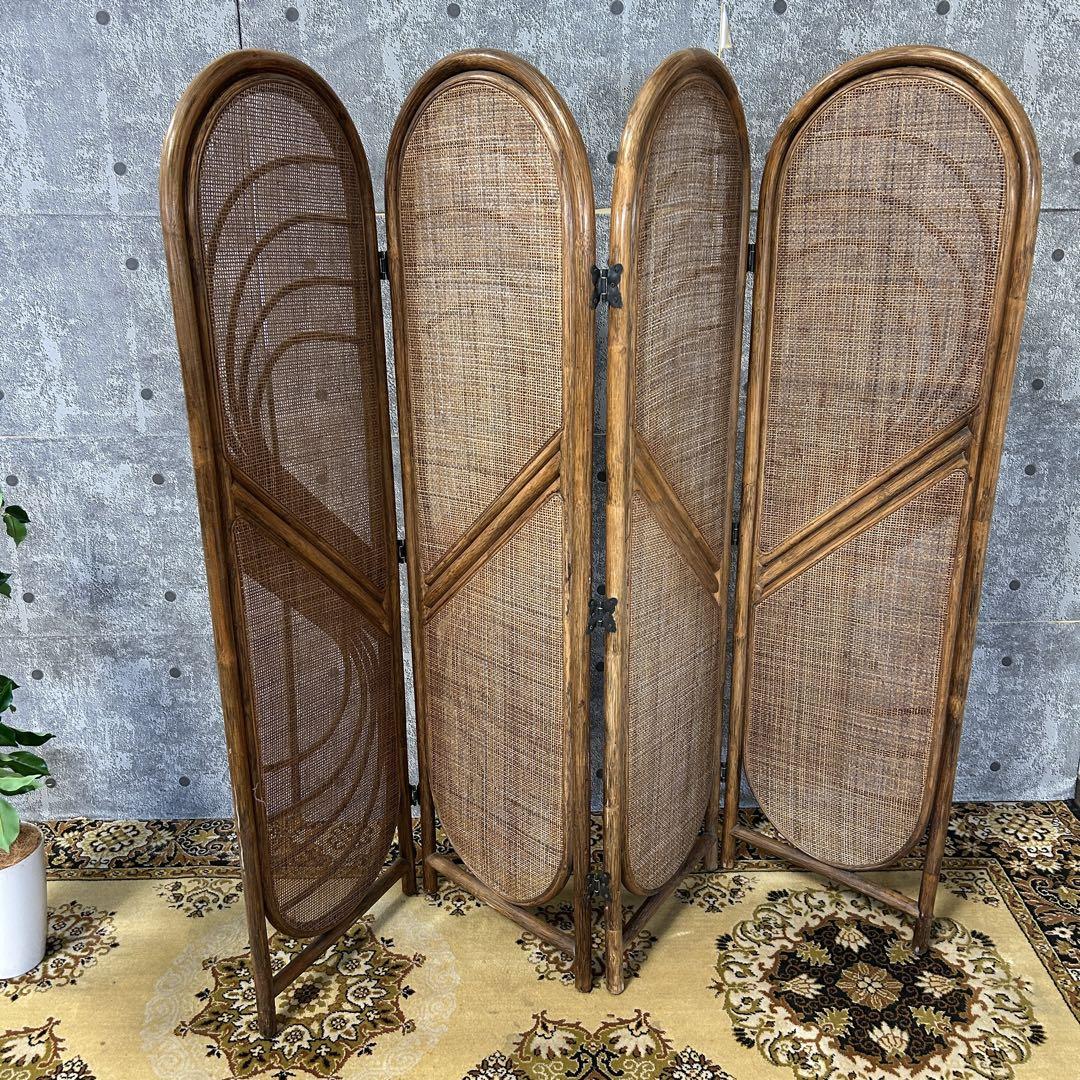 良品】 ラタン 木製パーテーション 4連 レトロ ブラインド 籐