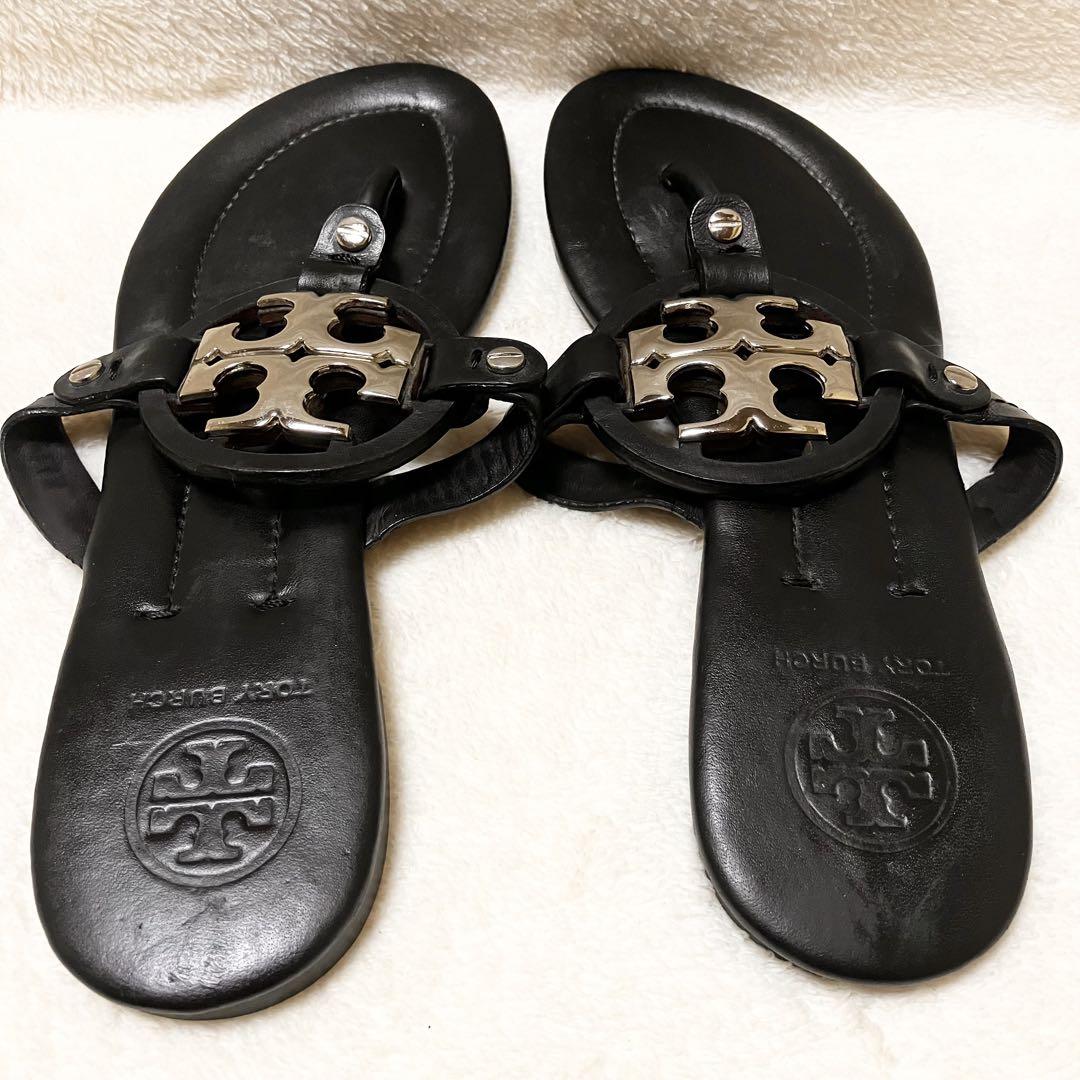 TORY BURCH ブラック レザーサンダル 24cm Big ロゴ 靴