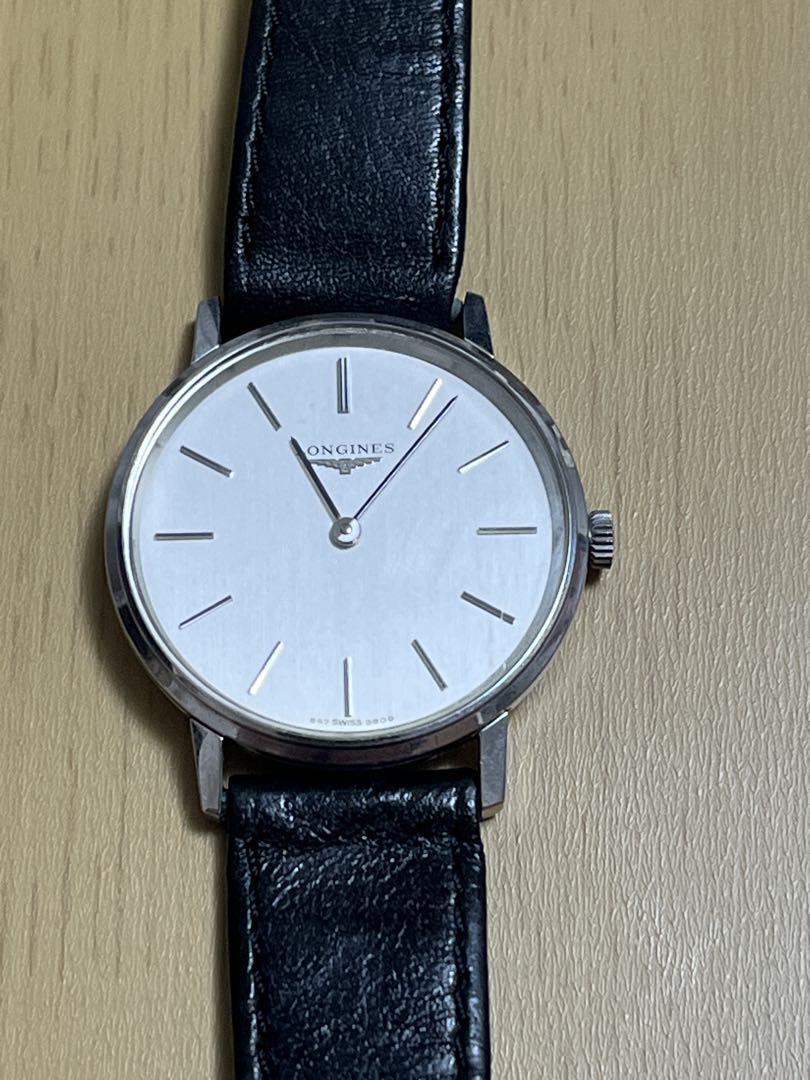 LONGINES 手巻き時計 シルバー文字盤 ブラックレザー