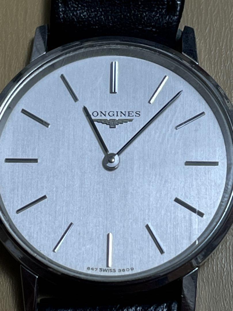 LONGINES 手巻き時計 シルバー文字盤 ブラックレザー