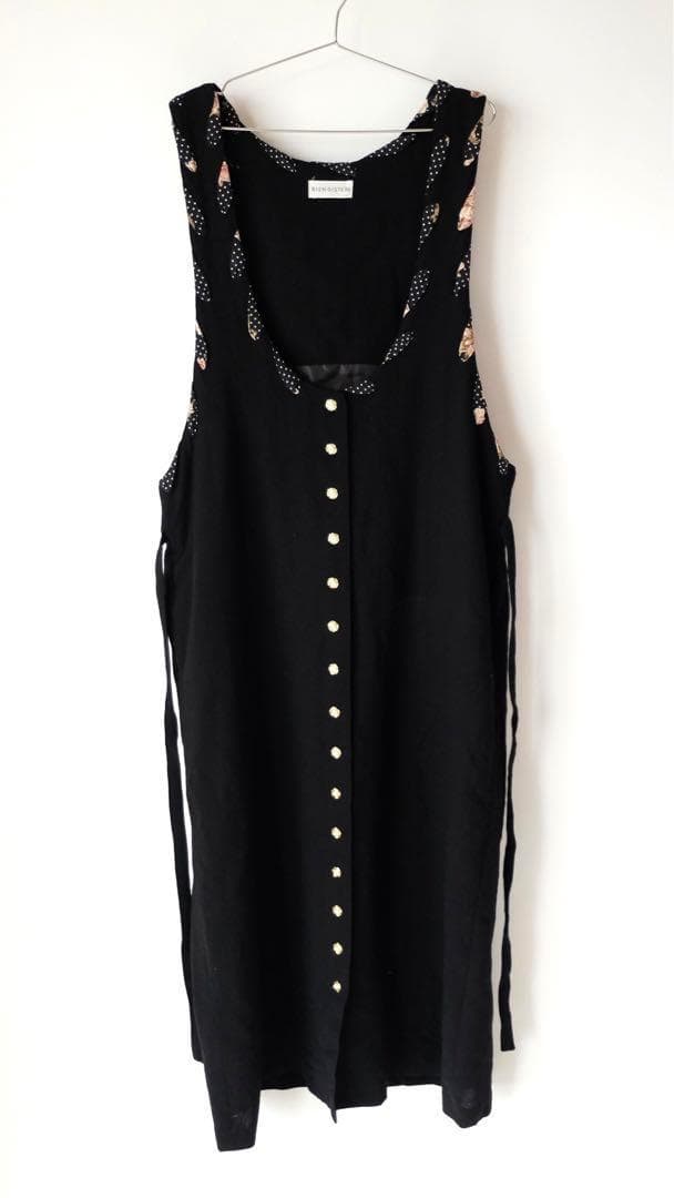 80s 90s 古着 花柄 水玉 ドット パールボタン ウール ロングワンピース