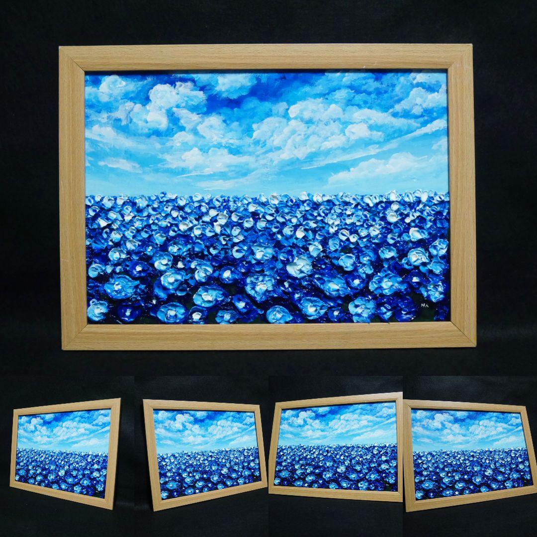 油絵 油彩 油彩画 絵 絵画【青空と雲のネモフィラ】