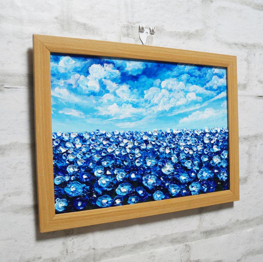 油絵 油彩 油彩画 絵 絵画【青空と雲のネモフィラ】
