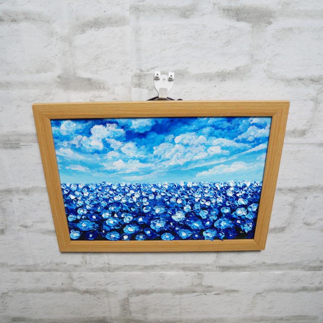 油絵 油彩 油彩画 絵 絵画【青空と雲のネモフィラ】