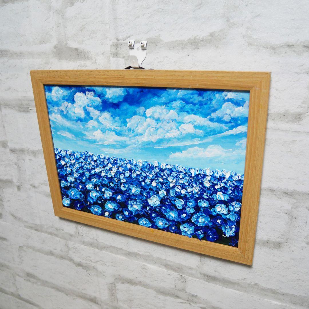 油絵 油彩 油彩画 絵 絵画【青空と雲のネモフィラ】