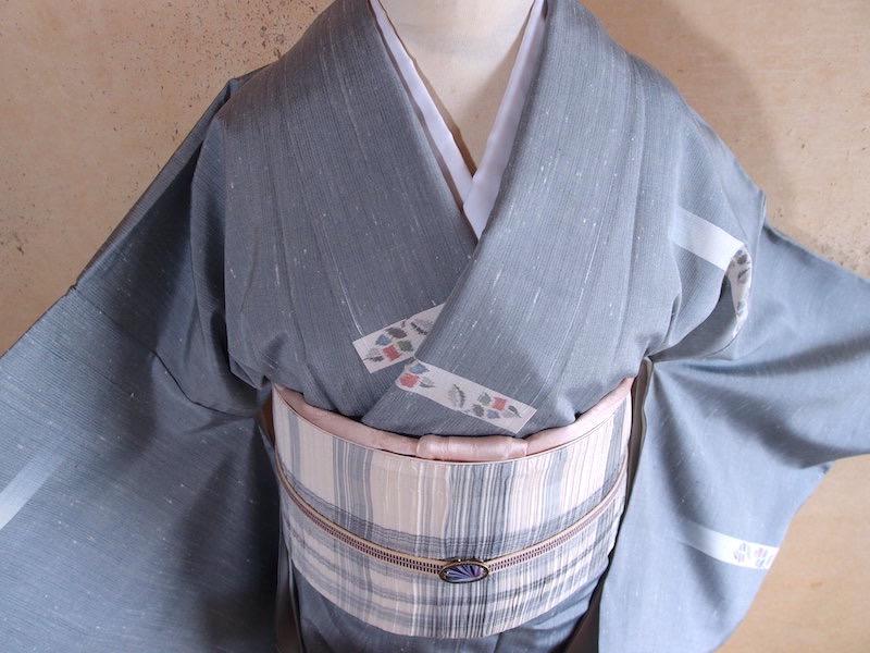 膨れ織り袋名古屋帯（格子文）長375　薄手仕立　正絹美品