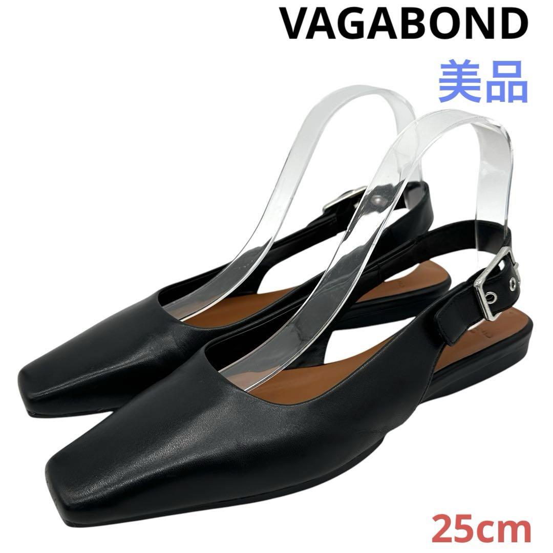 〈美品〉VAGABOND【25】スクエアトゥ フラット ストラップ ミュール 黒