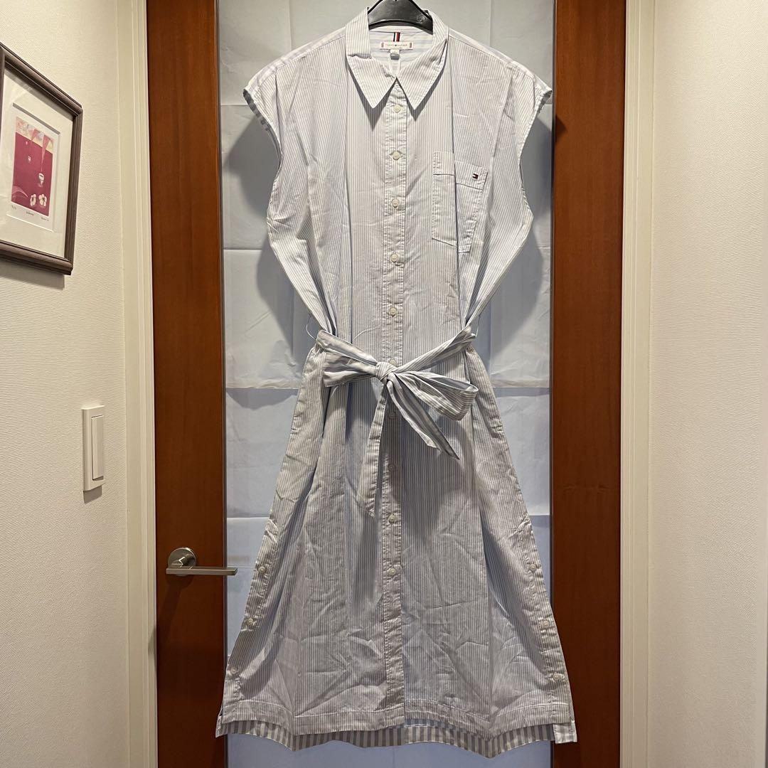 【新品】トミーヒルフィガー シャツワンピース 白 水色 XL