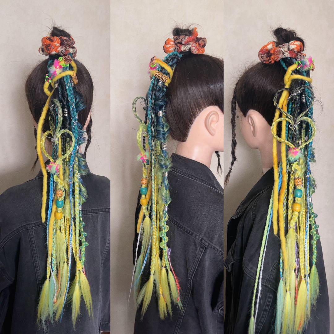 【1点もの】ヘアゴムエクステ　フェルトエクステ　エスニック　毛糸エクステ