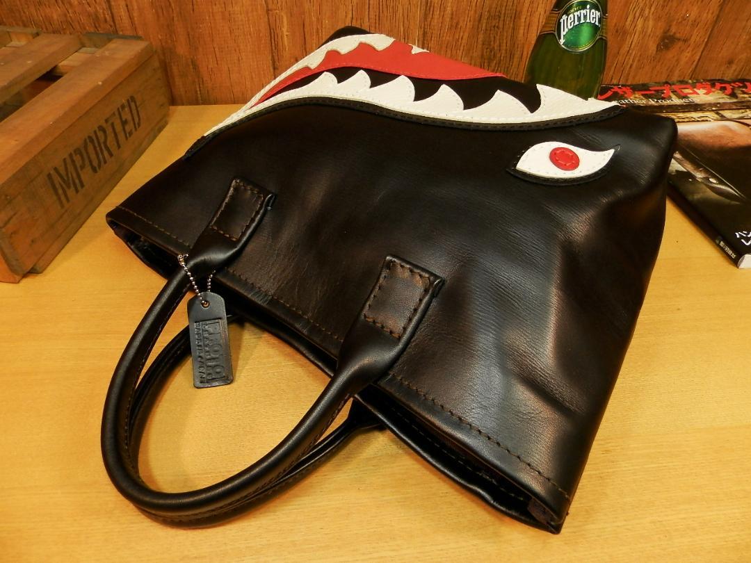 Ｓサイズ☆シャークマウス仕様♪オールレザーのミニトートバッグ日本製ミリタリー黒