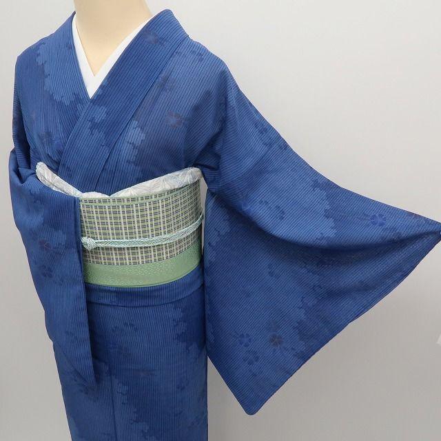 m1438＊美品 洗える夏着物 薄物 縦縞 居敷当付 誂えポリエステル 小紋