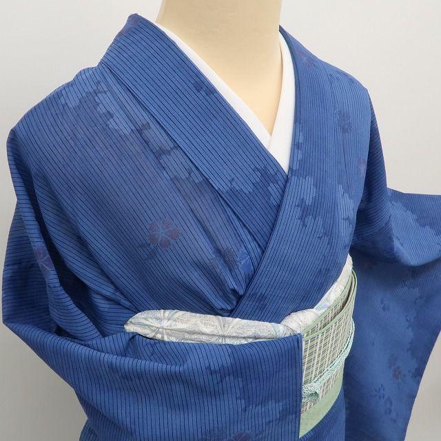 m1438＊美品 洗える夏着物 薄物 縦縞 居敷当付 誂えポリエステル 小紋