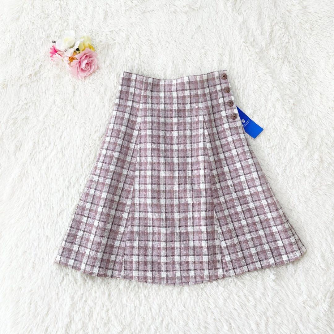 【未使用】ブルーレーベル ツイード フレア スカート チェック ピンク 38