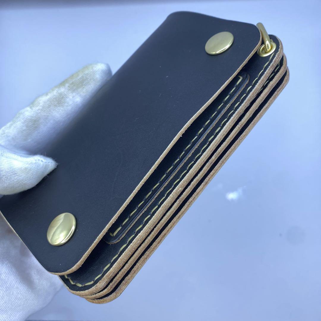 【ハンドメイド】本革 丘染めブラック ミドル トラッカーウォレット 小判かん