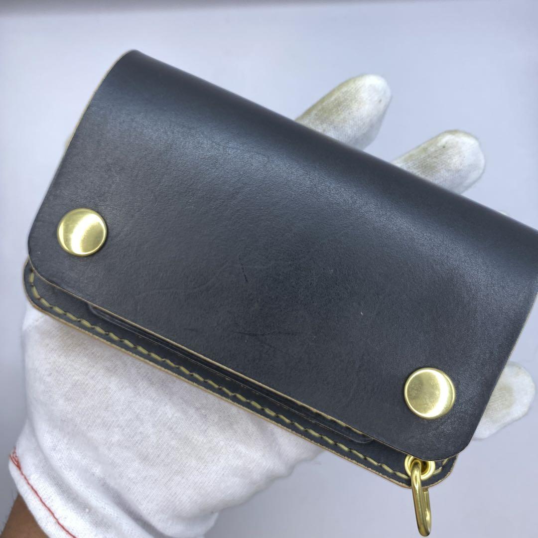 【ハンドメイド】本革 丘染めブラック ミドル トラッカーウォレット 小判かん