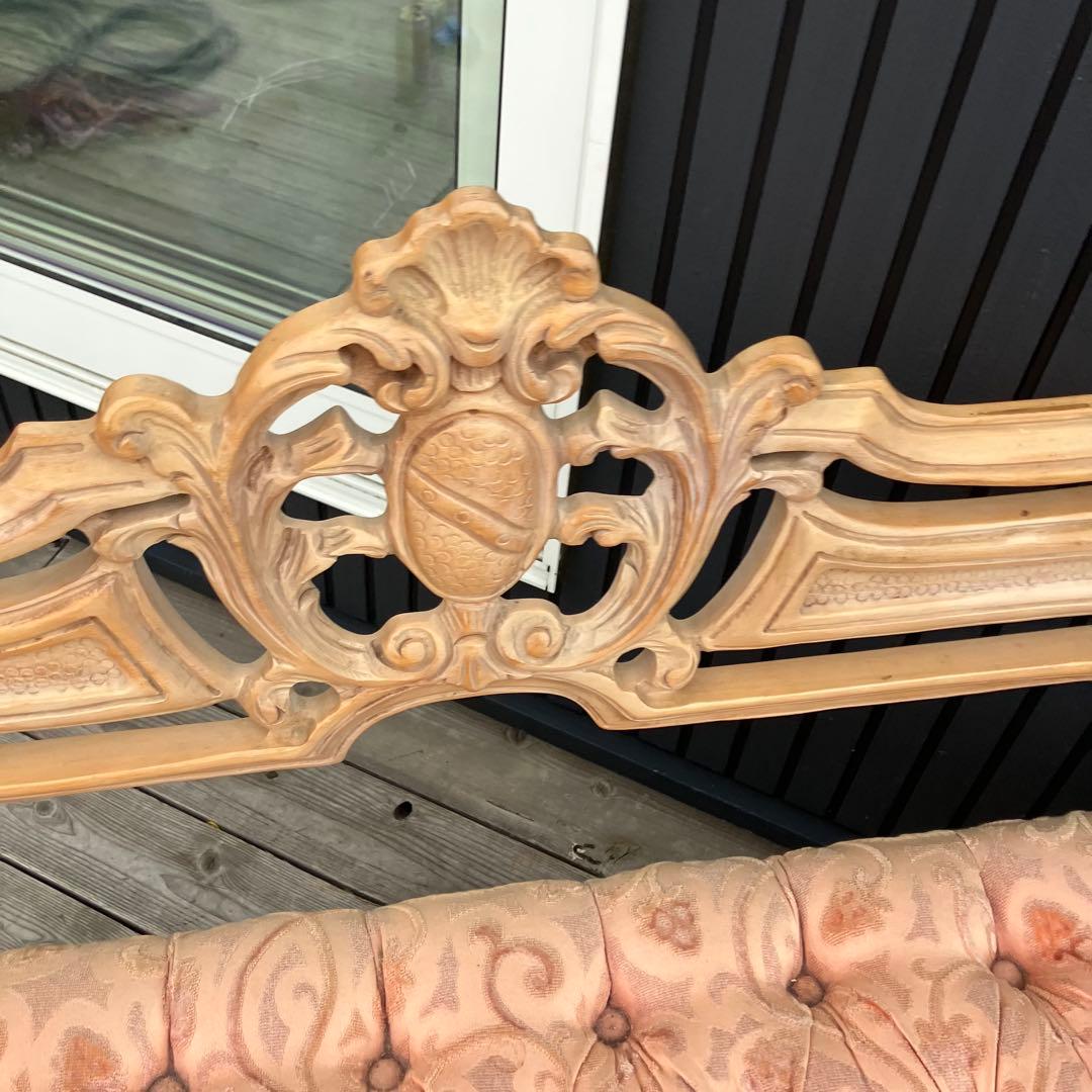 フランスアンティーク ロココ様式 木製 リベット打ちアームベンチ 二人掛けソファ