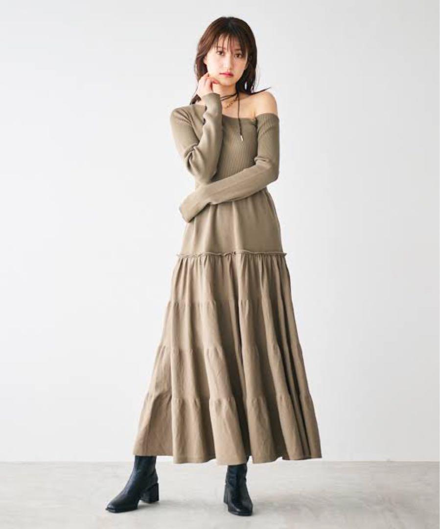 【美品】アシメネックティアードニットワンピース　ココディール 美品】アシメネックティアードニットワンピース ココディール