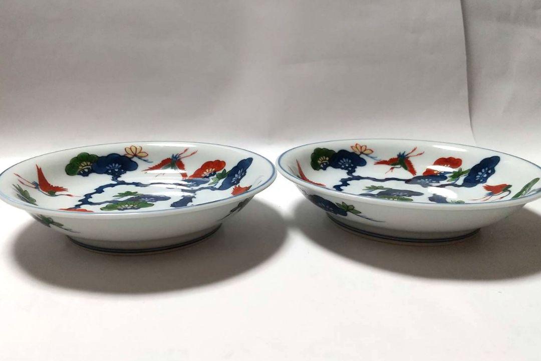 源右衛門窯 染錦 松鶴絵 銘々皿 2枚組 未使用品