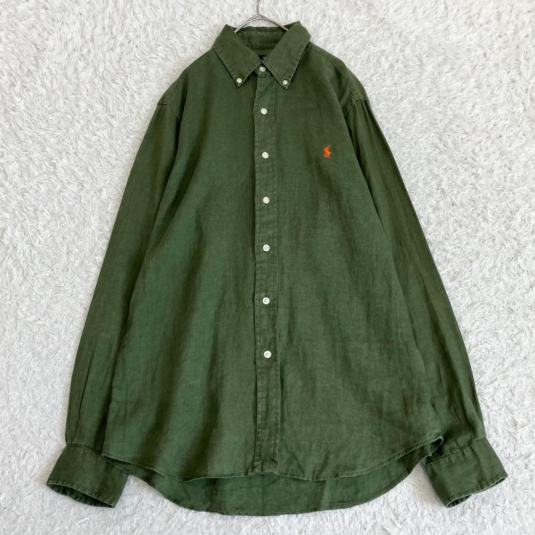 極美品✨ラルフローレン 長袖シャツ 麻100 BD 大きいサイズ 3L カーキ