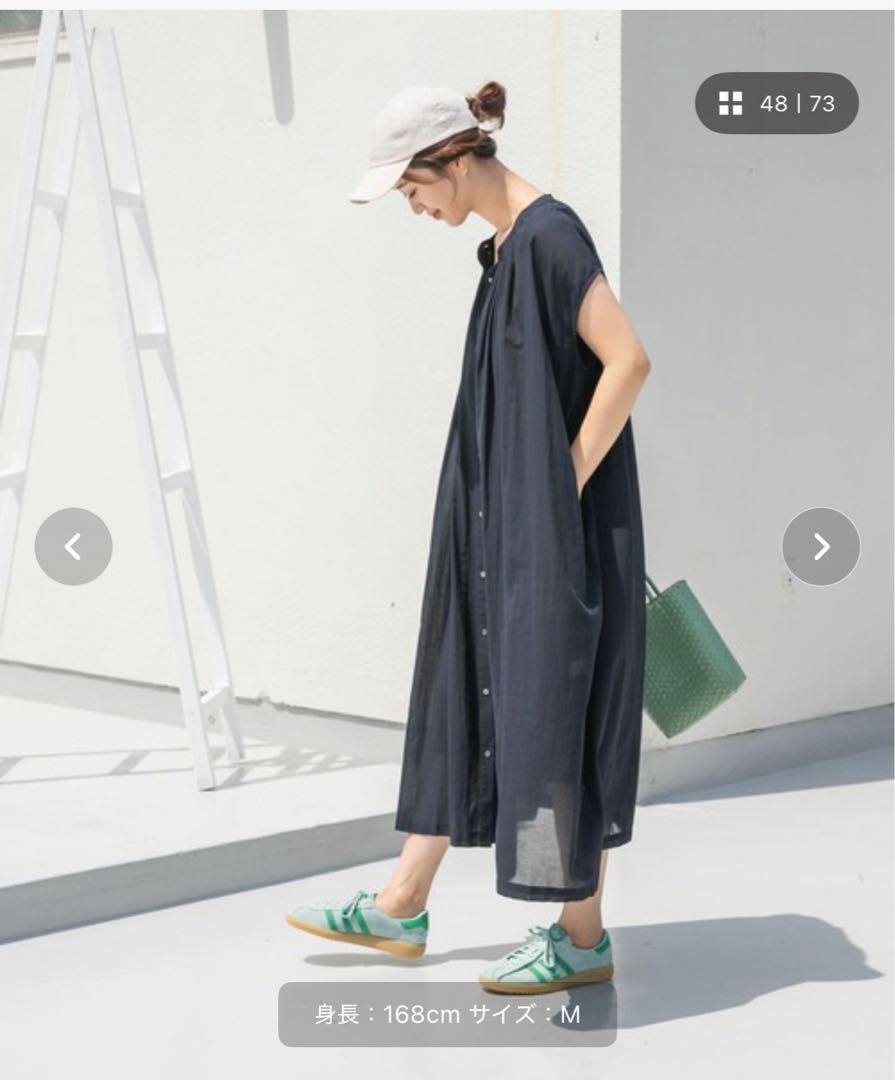 【極美品】コットンボイルギャザーフレンチワンピース ネイビーMサイズ