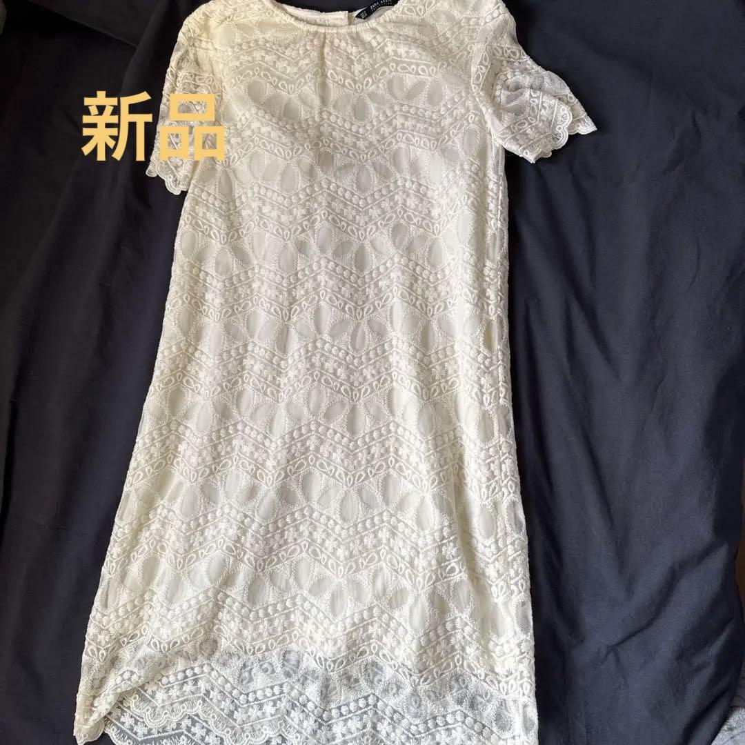 ZARA BASIC アイボリー レース柄 半袖ワンピース
