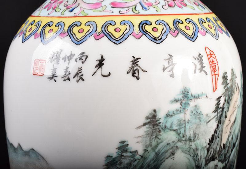 新作特価 中国 粉彩 漢詩桜閣山水図 花瓶 桐箱付 N R2964B N8bYJ-m42458664123 好評超激得