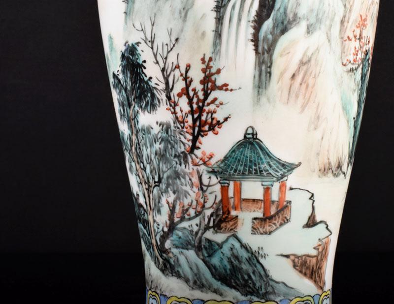 新作特価 中国 粉彩 漢詩桜閣山水図 花瓶 桐箱付 N R2964B N8bYJ-m42458664123 好評超激得