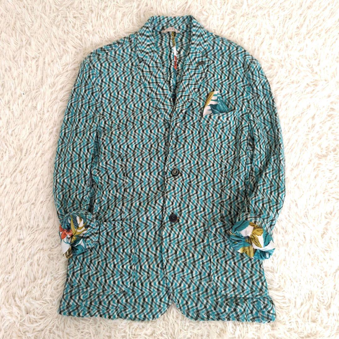 美品 BOB ボブ ミックスニット アンコンジャケット 総柄 グリーン 50 美品 BOB ボブ ミックスニット アンコンジャケット 総柄