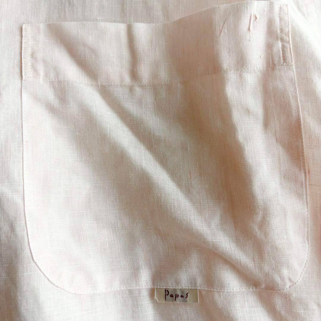 パパス】リネンシャツ 長袖 ロゴ刺繍 ポケット ゆったり ピンク