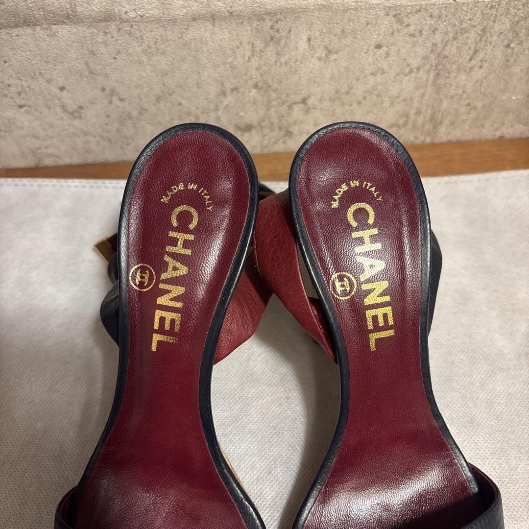 【美品】シャネルレザー アンクルリボンパンプスヒール(ブラック×ワインレッド) 美品】CHANELレザーブラック×ワインレッド アンクルリボン