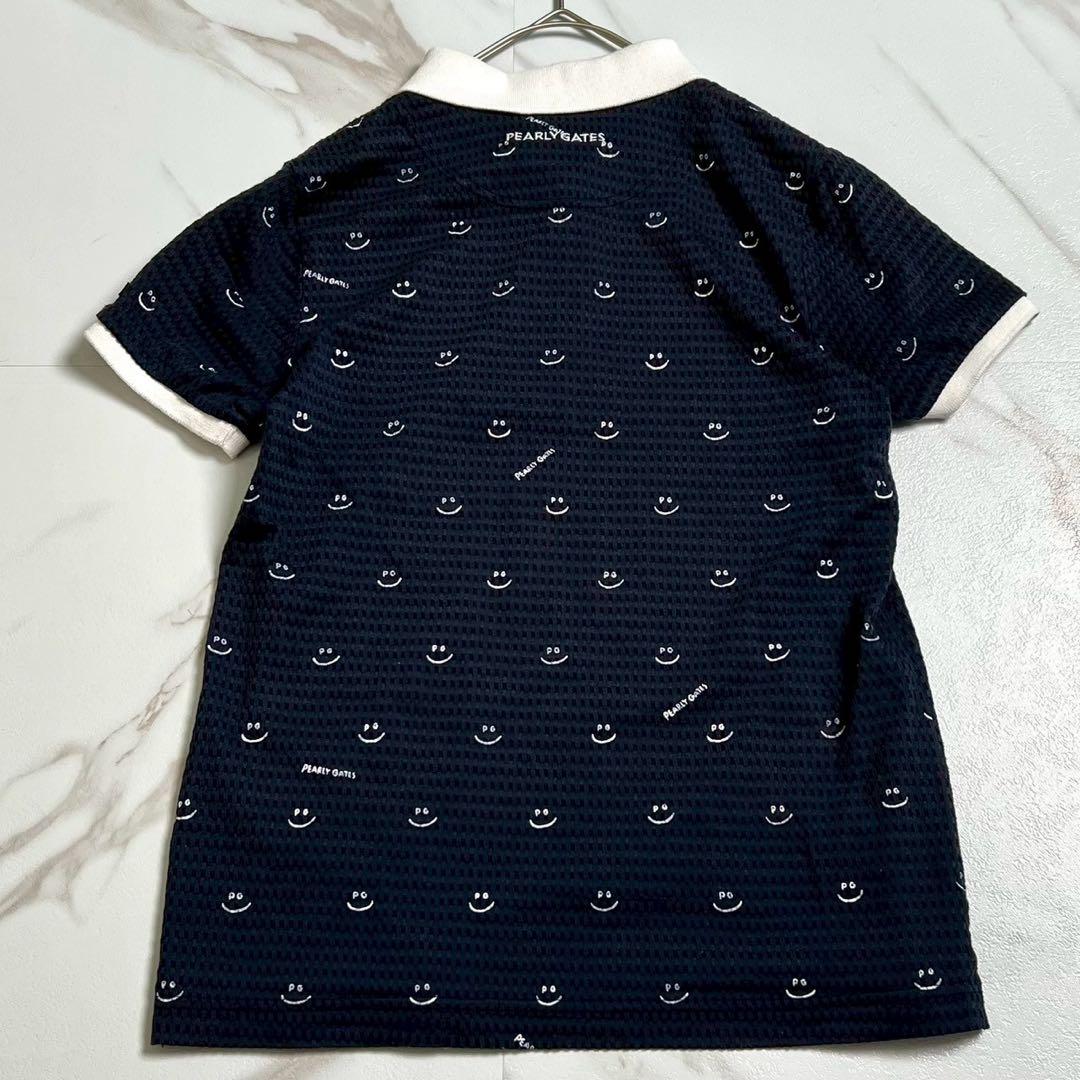 近年モデル/美品 パーリーゲイツ 半袖 ポロシャツ 総柄 ロゴ ゴルフ ネイビー