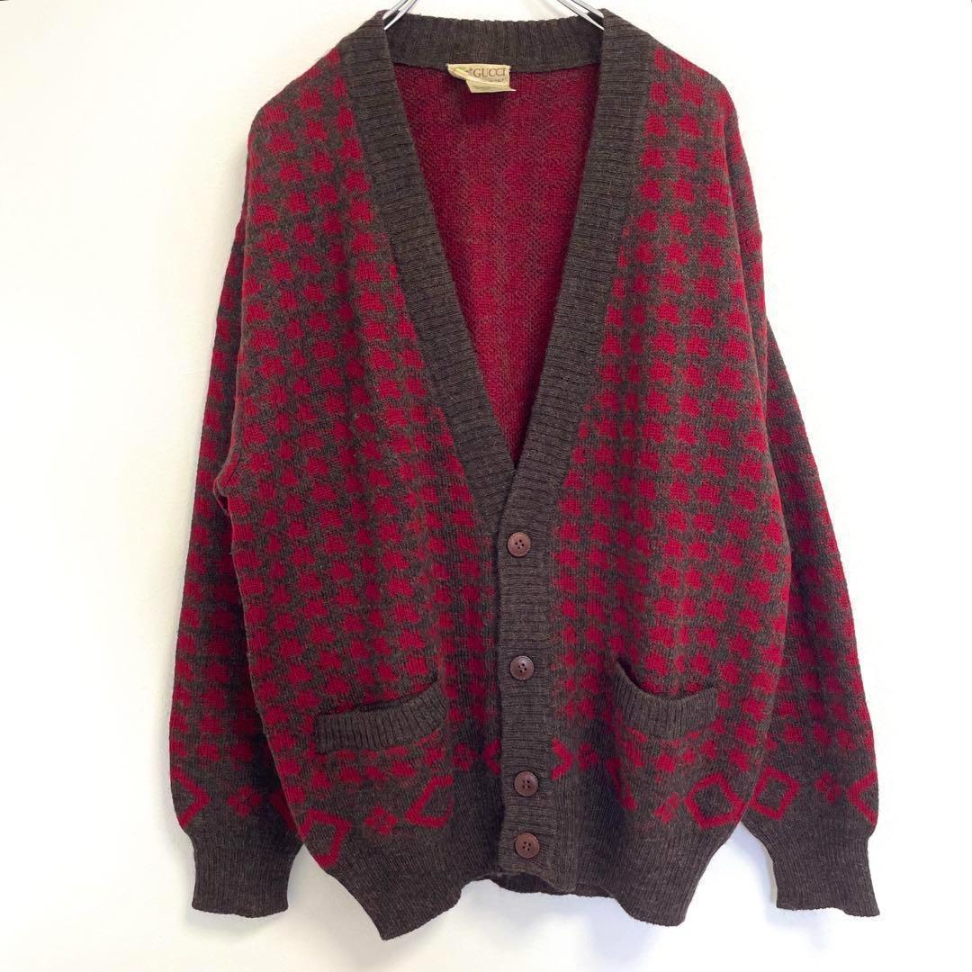 良品 グッチ カーディガン ウール アルパカ モヘア 混 玉虫色 赤 48 GG
