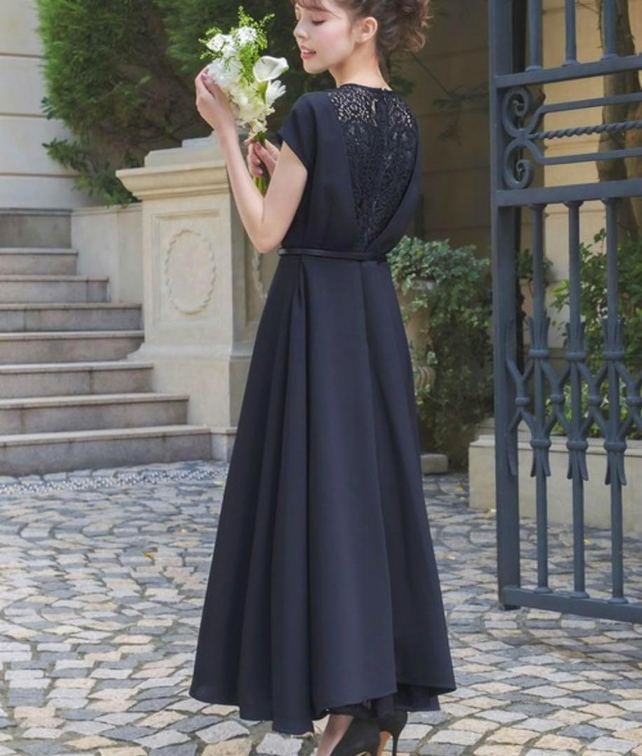 美品✨️ガール  カシュクール風レース切替フレア結婚式パーティードレス ネイビー