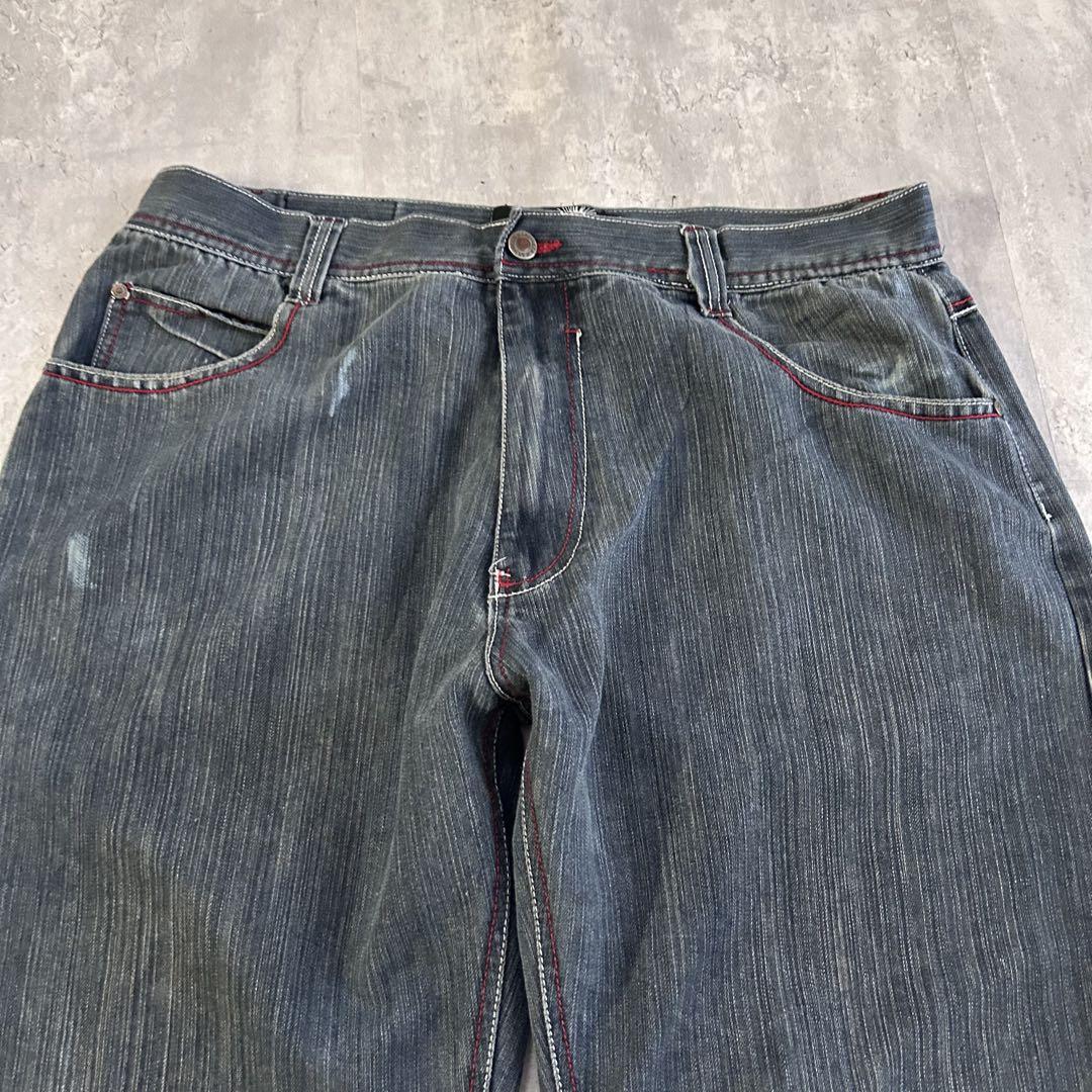 B316 【W40】【00s】超極太 eXa 刺繍デニムパンツ 鷲 フェード