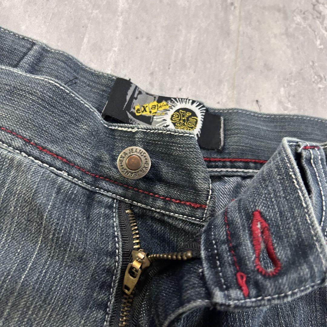 B316 【W40】【00s】超極太 eXa 刺繍デニムパンツ 鷲 フェード