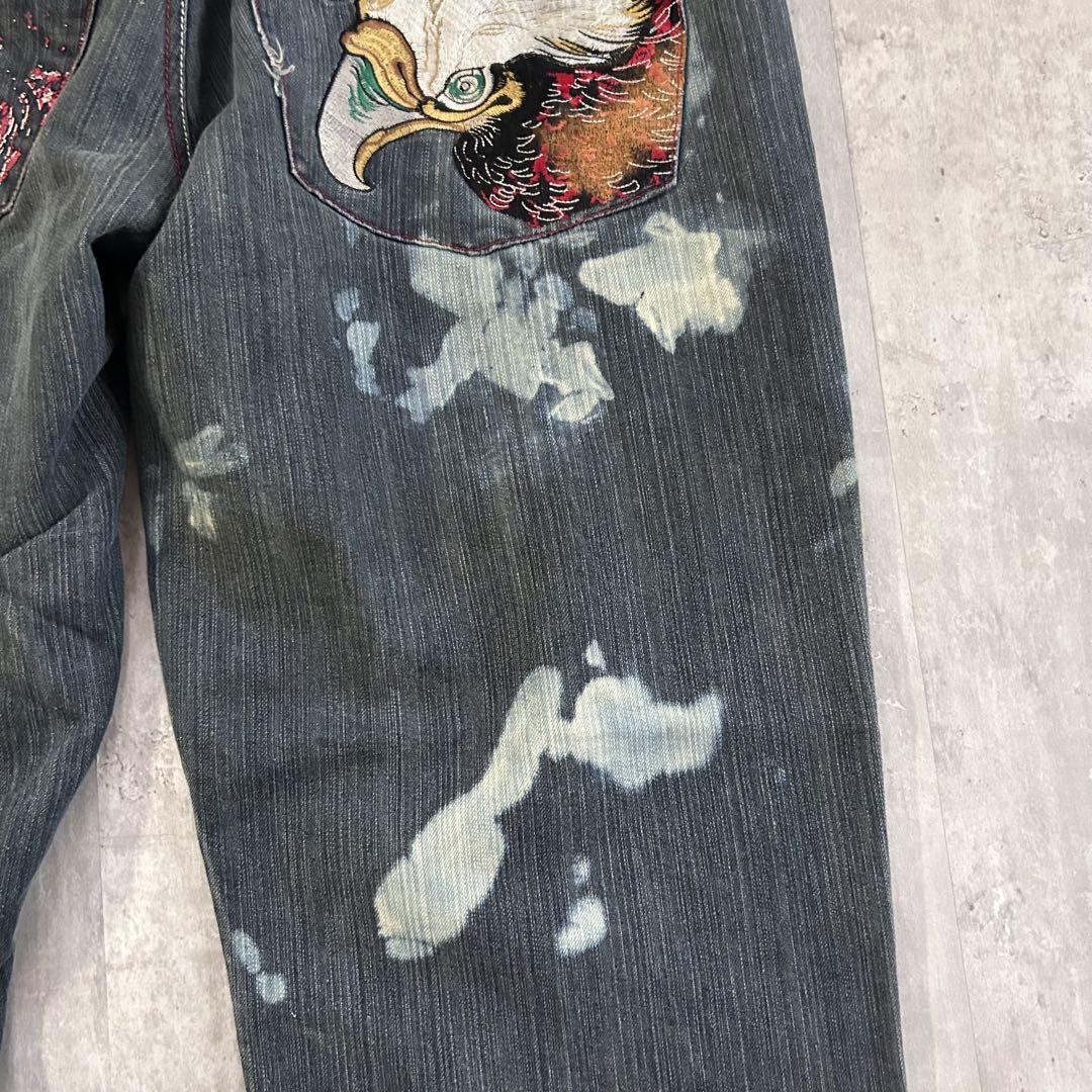 B316 【W40】【00s】超極太 eXa 刺繍デニムパンツ 鷲 フェード