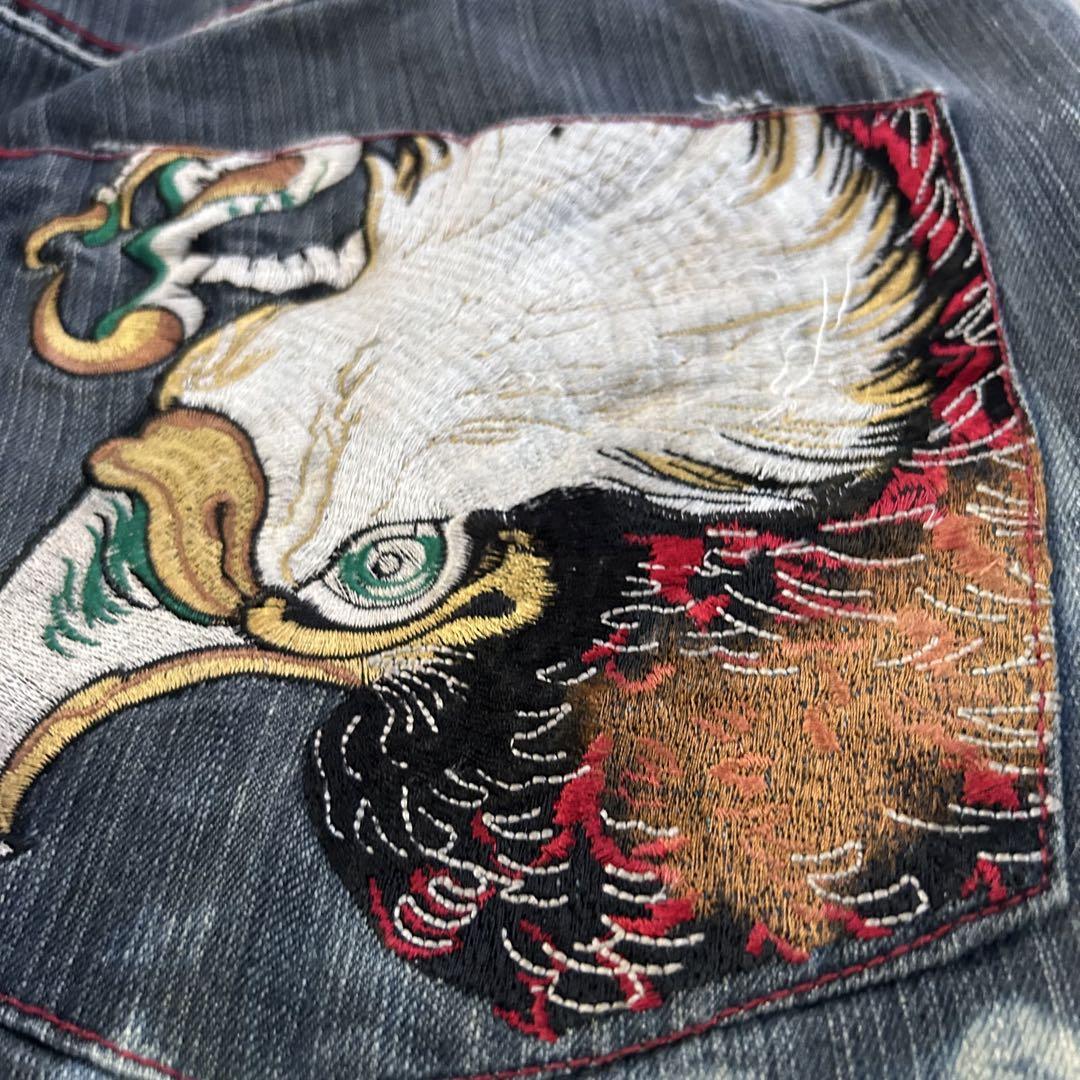 B316 【W40】【00s】超極太 eXa 刺繍デニムパンツ 鷲 フェード