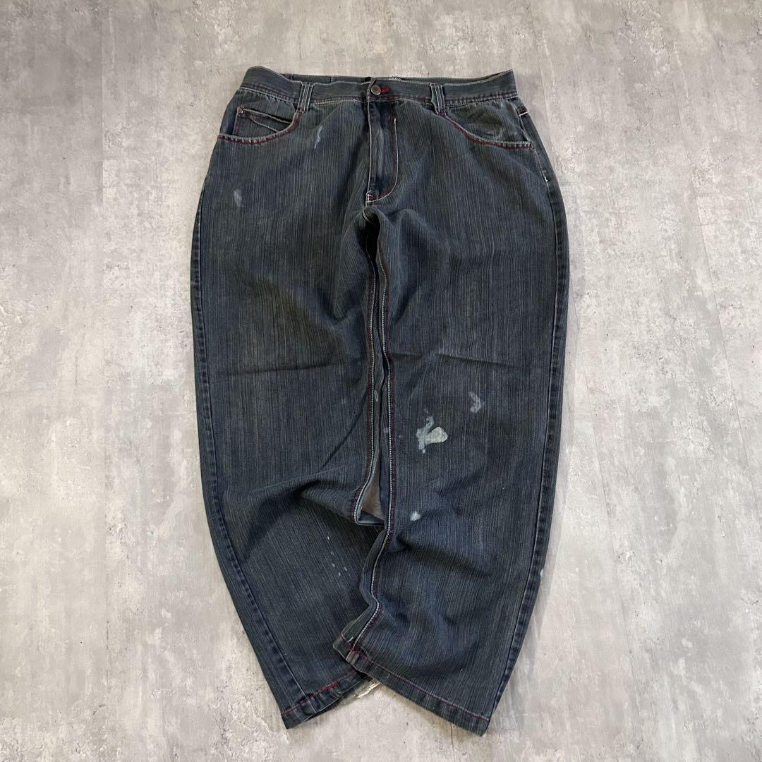 B316 【W40】【00s】超極太 eXa 刺繍デニムパンツ 鷲 フェード