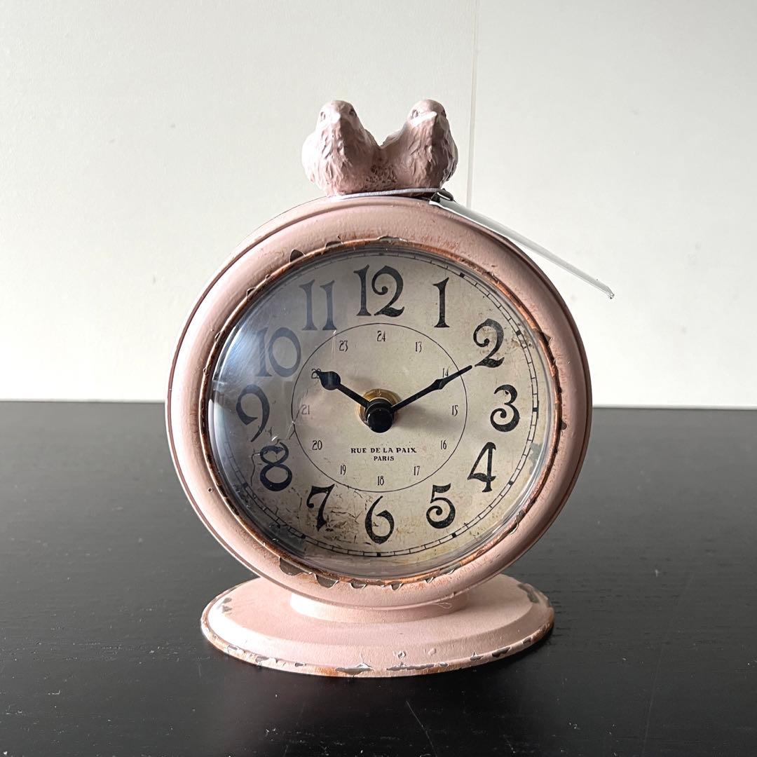 無料引換券が当たる アンティーク風テーブルクロック ピンク バード