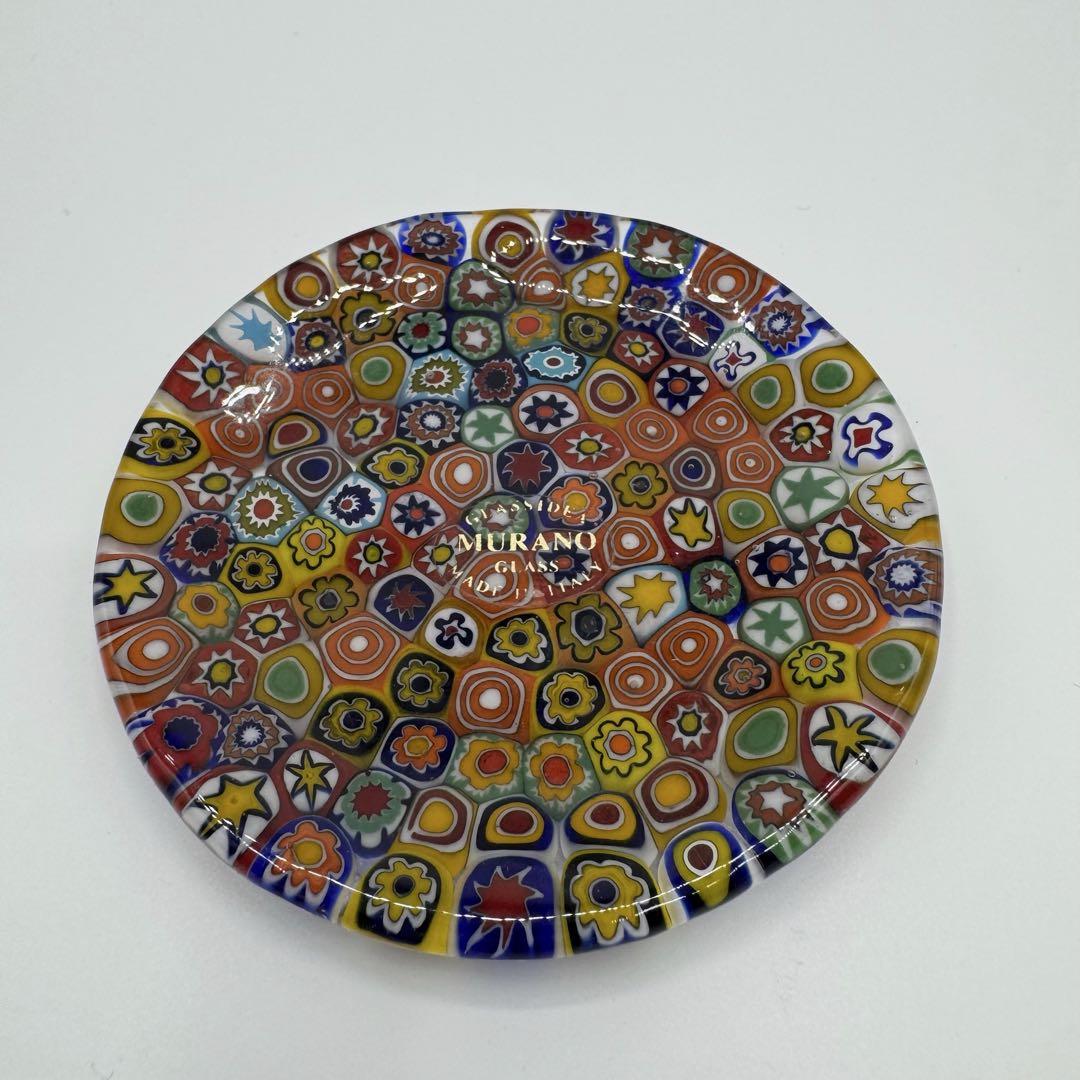 【美品未使用】ベネチアンガラス 小皿ミルフィオリ φ77 ピンク ハンドメイド 未使用 ベネチアンガラス② ムラーノ等 ミルフィオリ 小皿