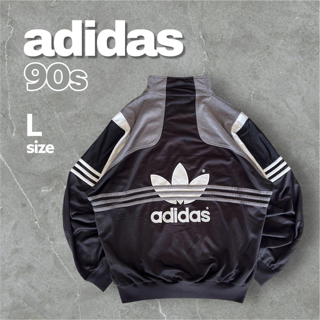 90s アディダス トラックジャケット ジャージ 黒 トレフォイル 刺繍 90s adidas トラックジャケット ビッグロゴ トレフォイル 刺繍 L