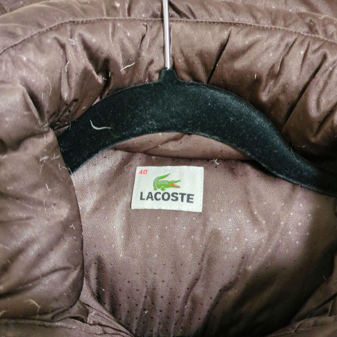 LACOSTE フード付きブラウン　ロングダウンジャケット　タヌキ　フェザー　M LACOSTE フード付きブラウン ロングダウンジャケット タヌキ