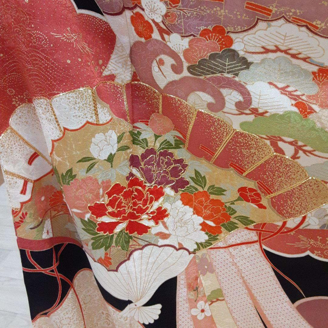 667正絹振袖 赤黒雲花模様158cm~